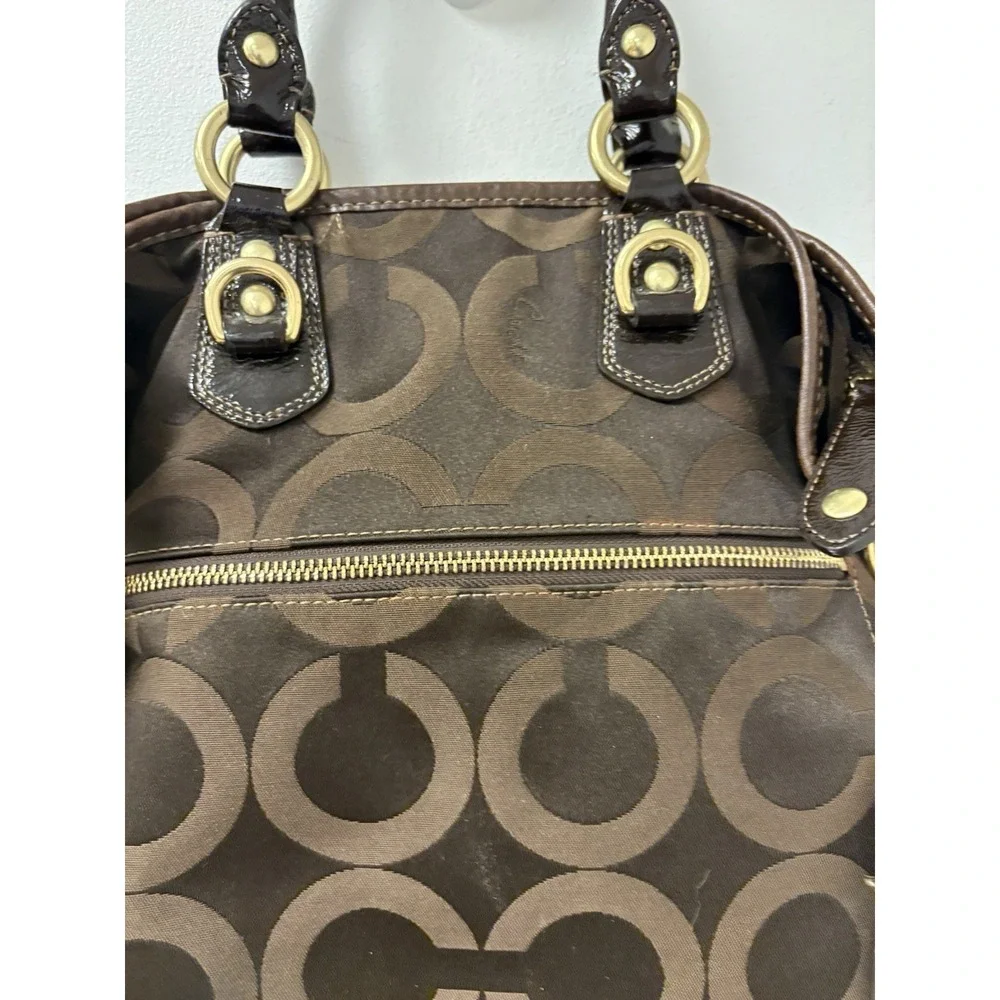 Coach Madison Sabrina Satchel Chocolate Brown Op Art Signature Shoulder Bag